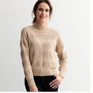 MNK Women’s Delicate Lace Panel Mock Neck Sweater Tan Dusty Rose Size Large NEW